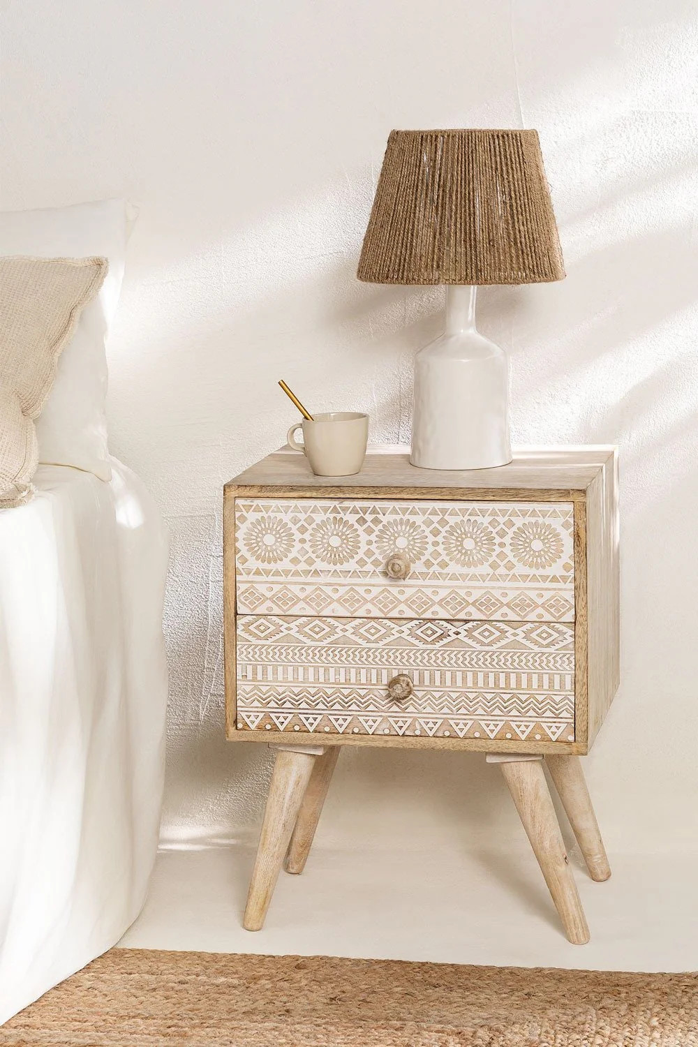 Artisan Handmade Bedside Table Solid Wood Hand Carved 17.7 × 13 × 23.6 inches