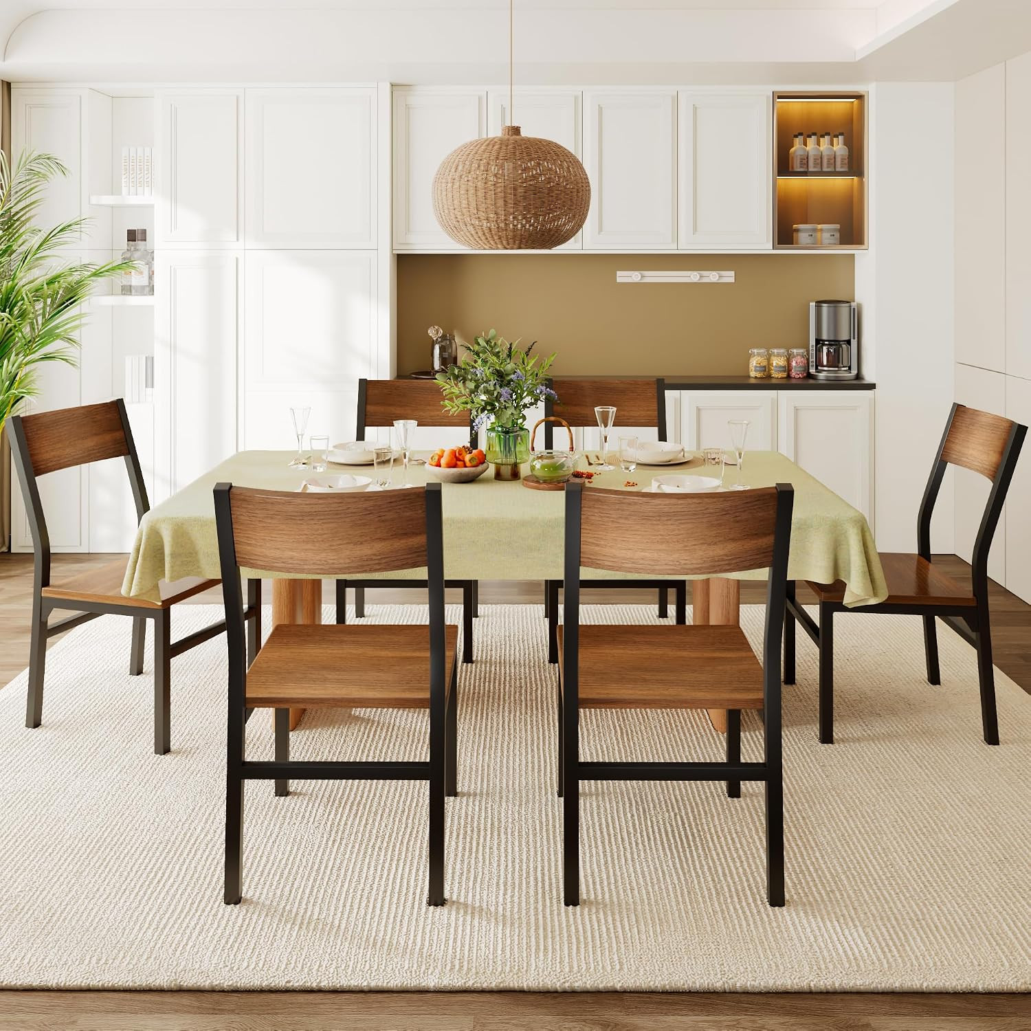 Set 6 Dining Chairs Modern Kitchen Chairs Ergonomic Backrest Walnut Metal Legs