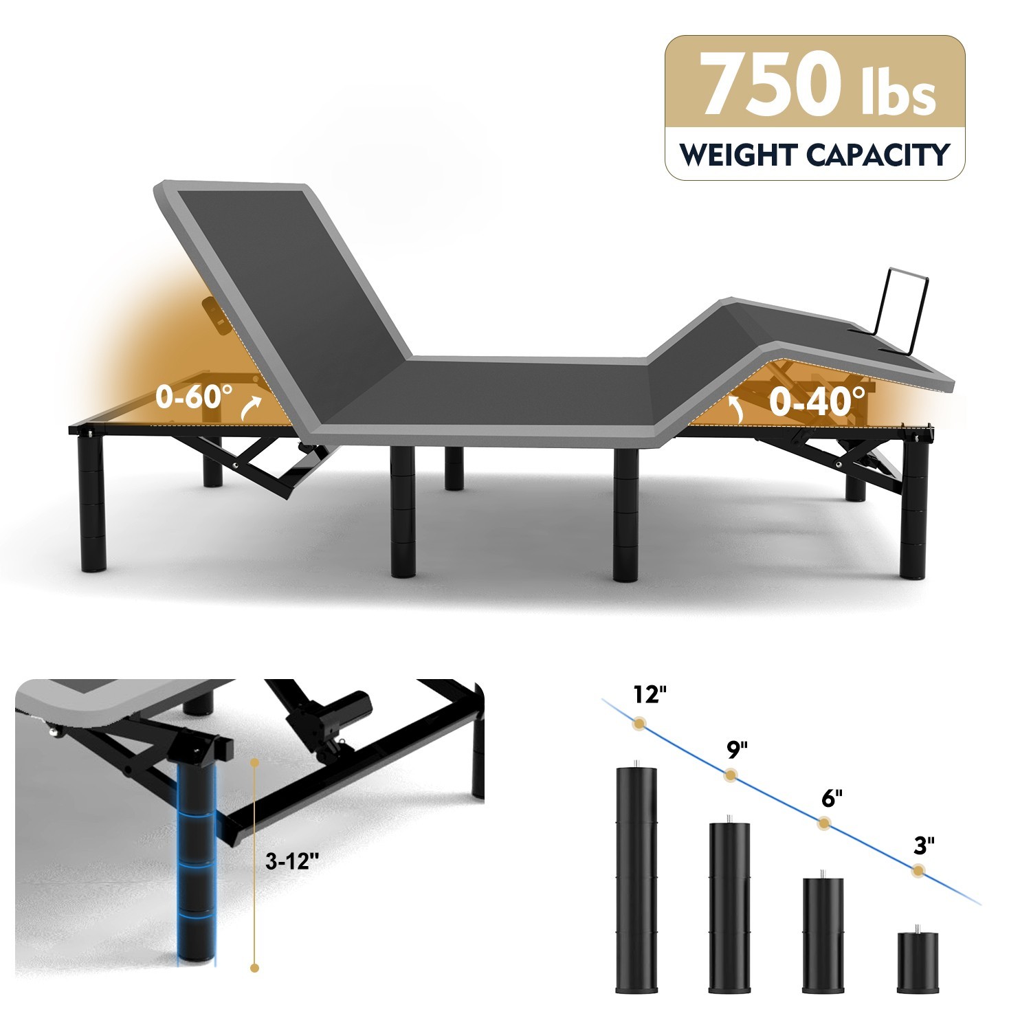 Adjustable Bed Frame with Massage Head & Foot Incline Queen Size Wireless Remote