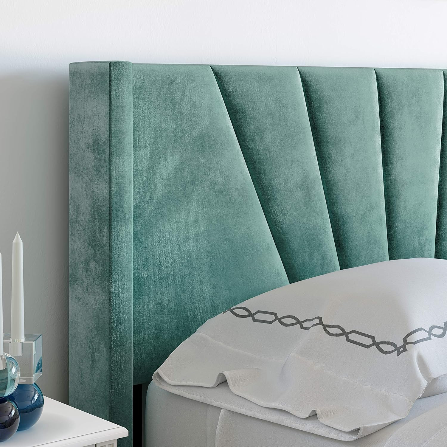 Valencia King Size Winged Upholstered Bed in Aqua Velour with Headboard