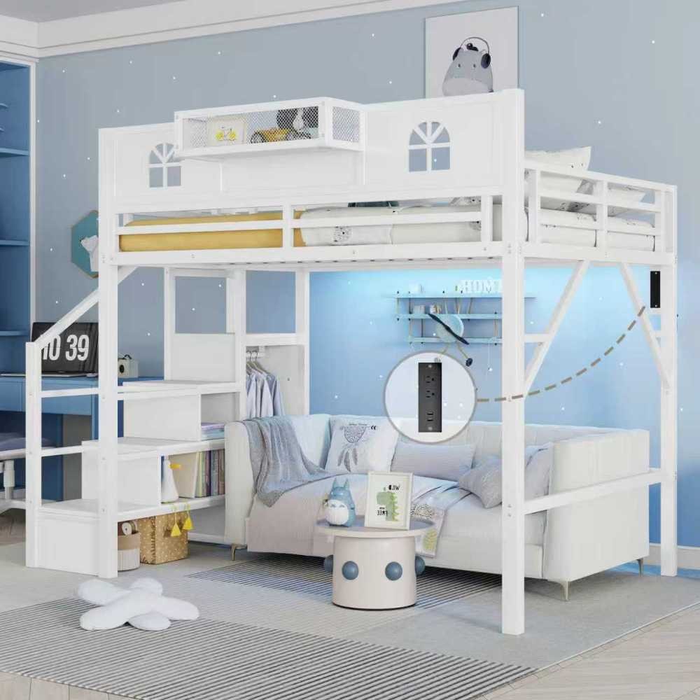 High Queen Metal Loft Bed Black, Stairs & House Guardrails Integrated