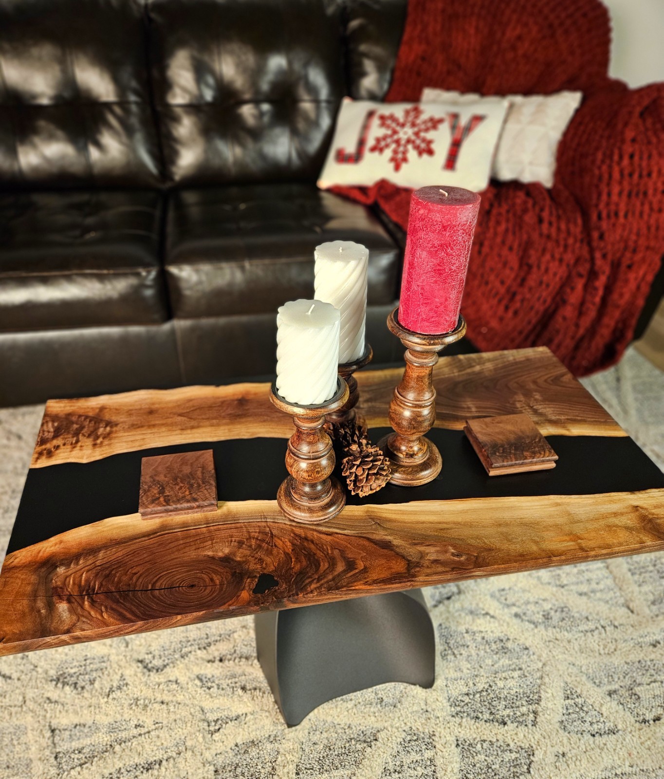 Black Walnut Epoxy Coffee Table | Live Edge River Table | Modern Metal Base