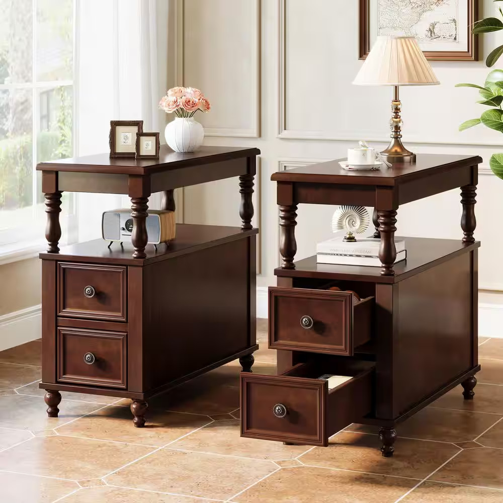 Kerlin 11.81In.W X 23.62In.D Vintage Brown Rectangle 2-Drawer Solid Wood End Tab