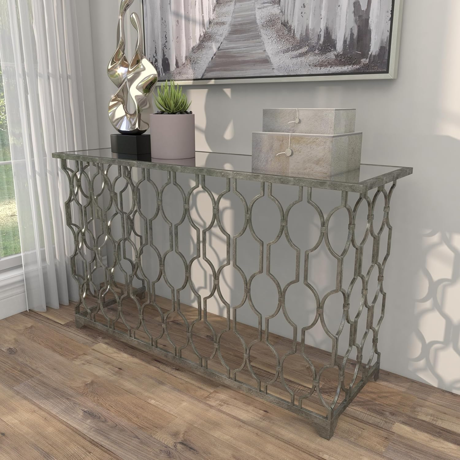 Stylish Silver Metal Geometric Console Table with Mirrored Glass Top, 55