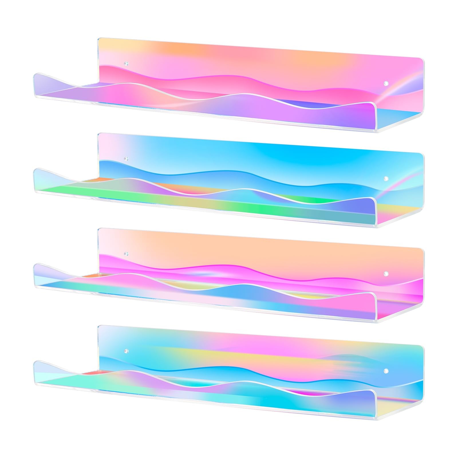 4 Pack Iridescent Acrylic Floating Shelves, 15.7″ Clear Acrylic Display Shelv…