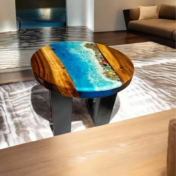 15″ Luxury Blue Resin River Table Modern Circular Wood End Table Handmade Decor