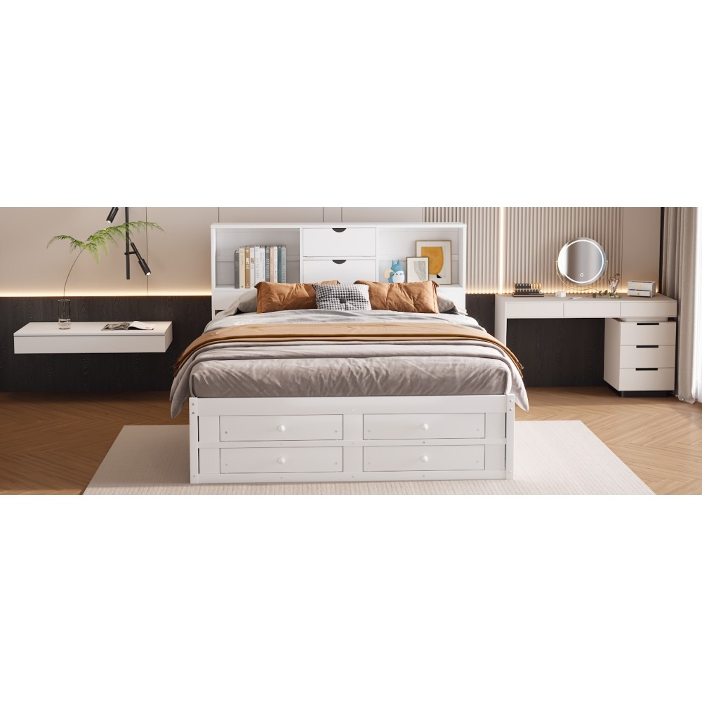 King Size Platform Bed with Storage Headboard and 8 Drawers, White / Gray