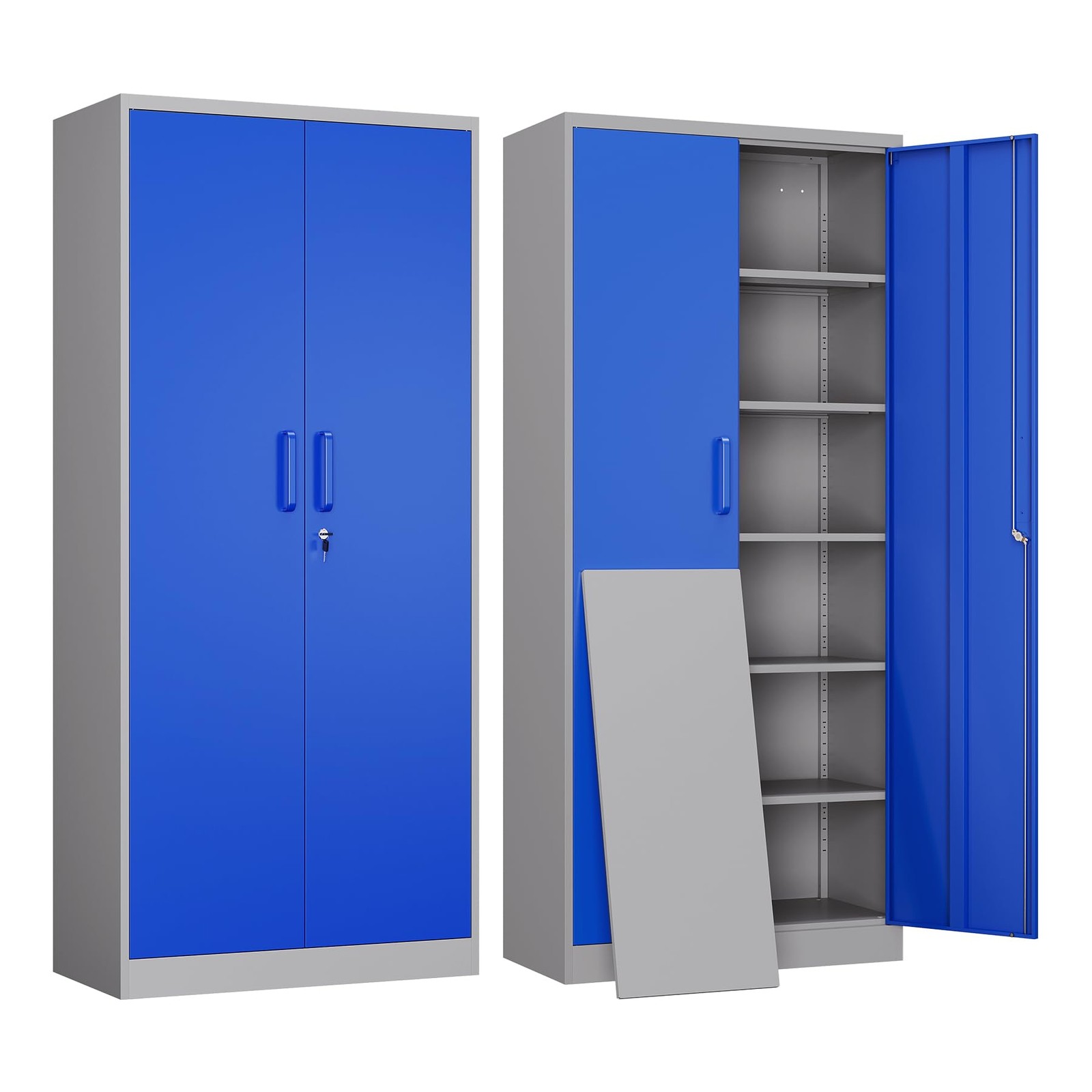 Metal Garage Tool Cabinet 71″ Steel Lockable 2 Doors 5 Shelves Gray Blue Storage