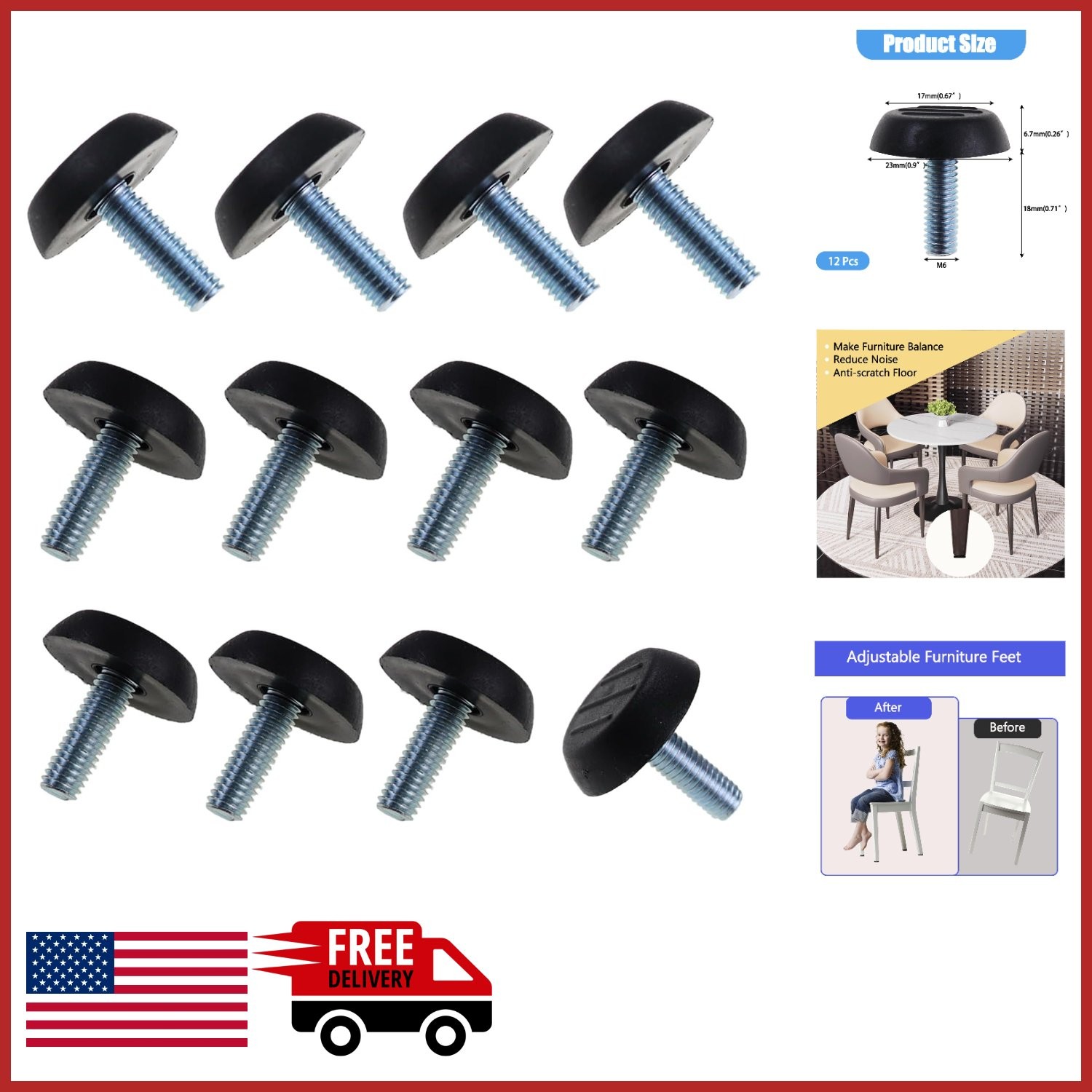 Non-Slip Adjustable Furniture Levelers M6 12pcs for Easy Height Adjustment