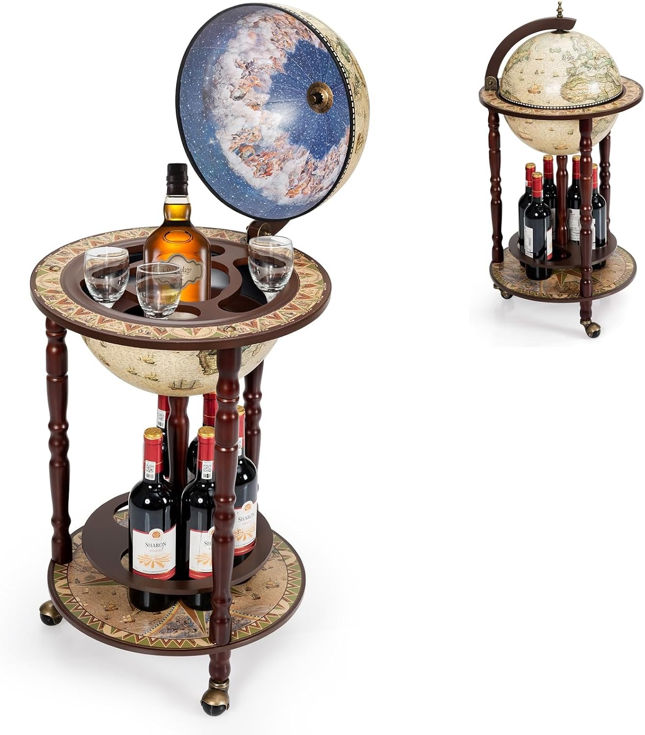 17.5’’ Wood Globe Bar 16th Century Italian Replica Vintage Bar Cart W/ Wheels