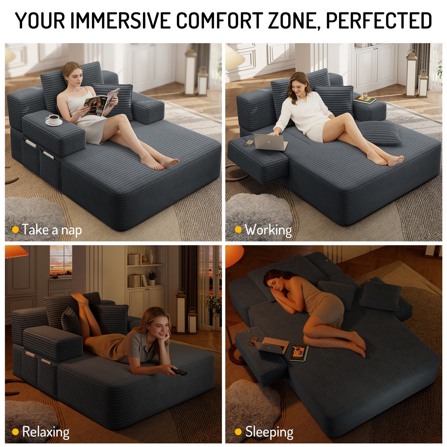 Modern Plush Corduroy Sofa Bed Chaise Lounge No Assembly Required with 3 Pillows