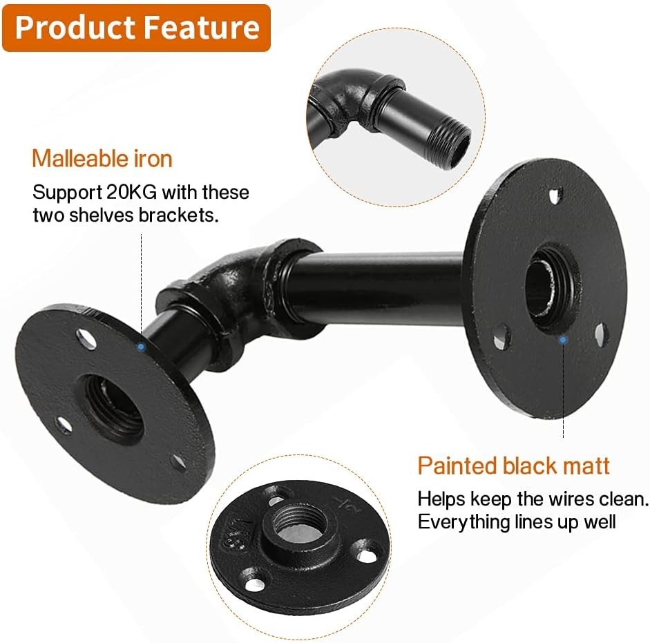 L Shaped Iron Pipe Brackets for Floating Shelves, 4 Pack with Mounting Hardware
