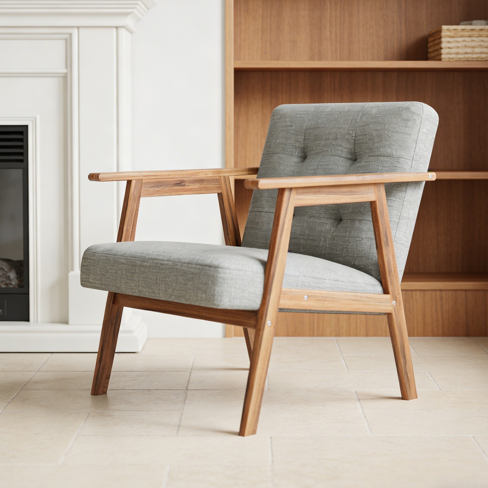 Light Grey Modern Accent Chair with Walnut Finish – Thick Cushion