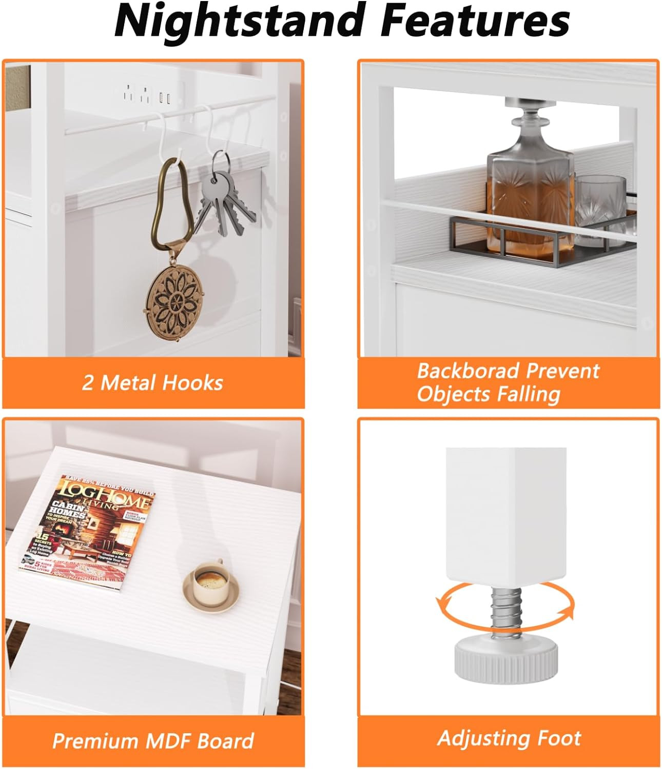 White Nightstand, End Table, Charging Station, USB Ports, Drawers, Shelf & Hooks