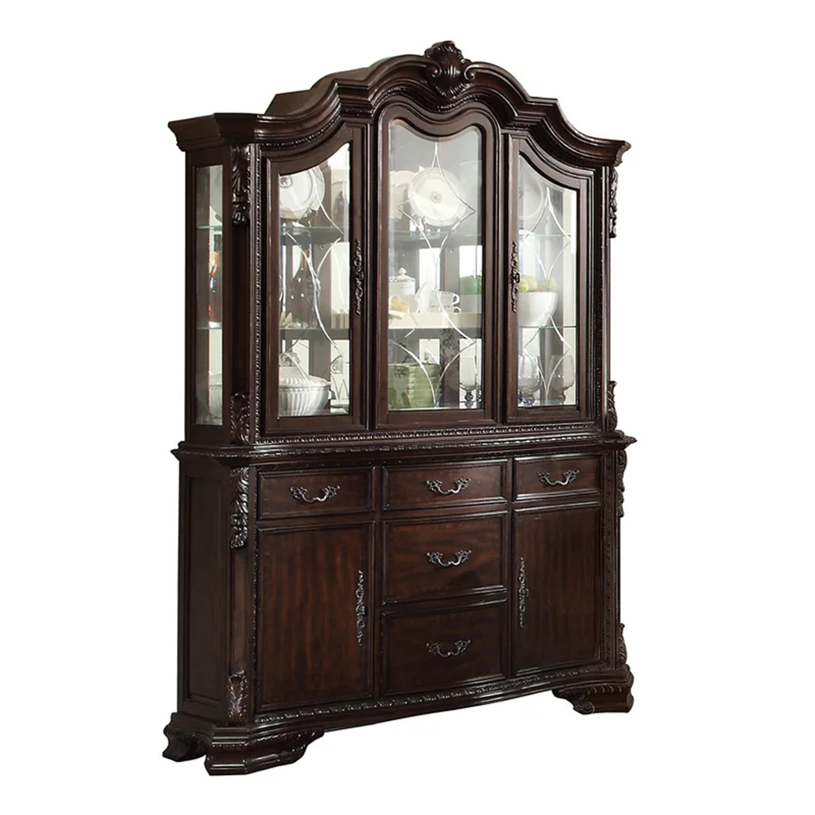NEW Traditional Antique Brown European China Cabinet Hutch and Buffet & Lighting