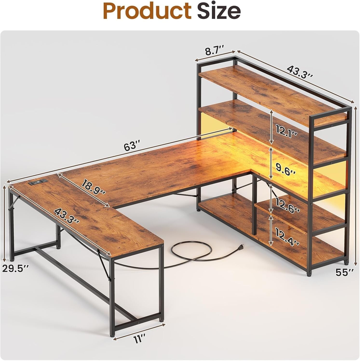 L Shaped Computer Desk, 63″ Reversible Office Desk w/Storage Shelves &LED Lights