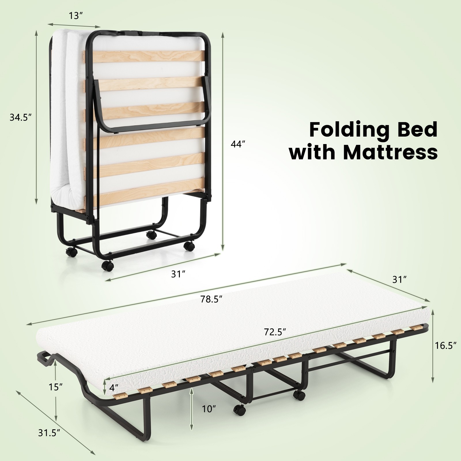 Folding Bed w/Memory Foam Mattress Rollaway Metal Bed Sleeper Made in Italy