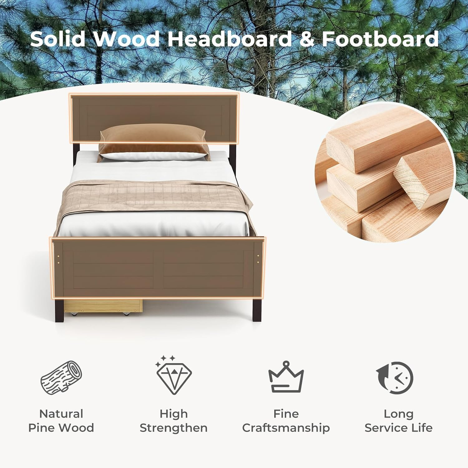 Espresso Twin Bed Frame with Storage Drawers, Solid Wood Platform for All Ages