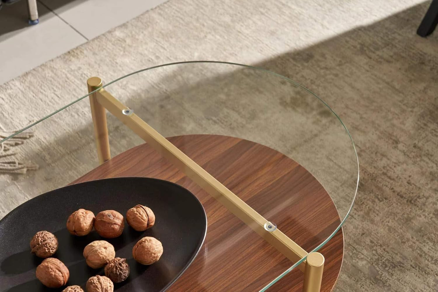 Oval Coffee Table, Mid-Century Modern Design, 2-Tier Structure, Clear Glass Top