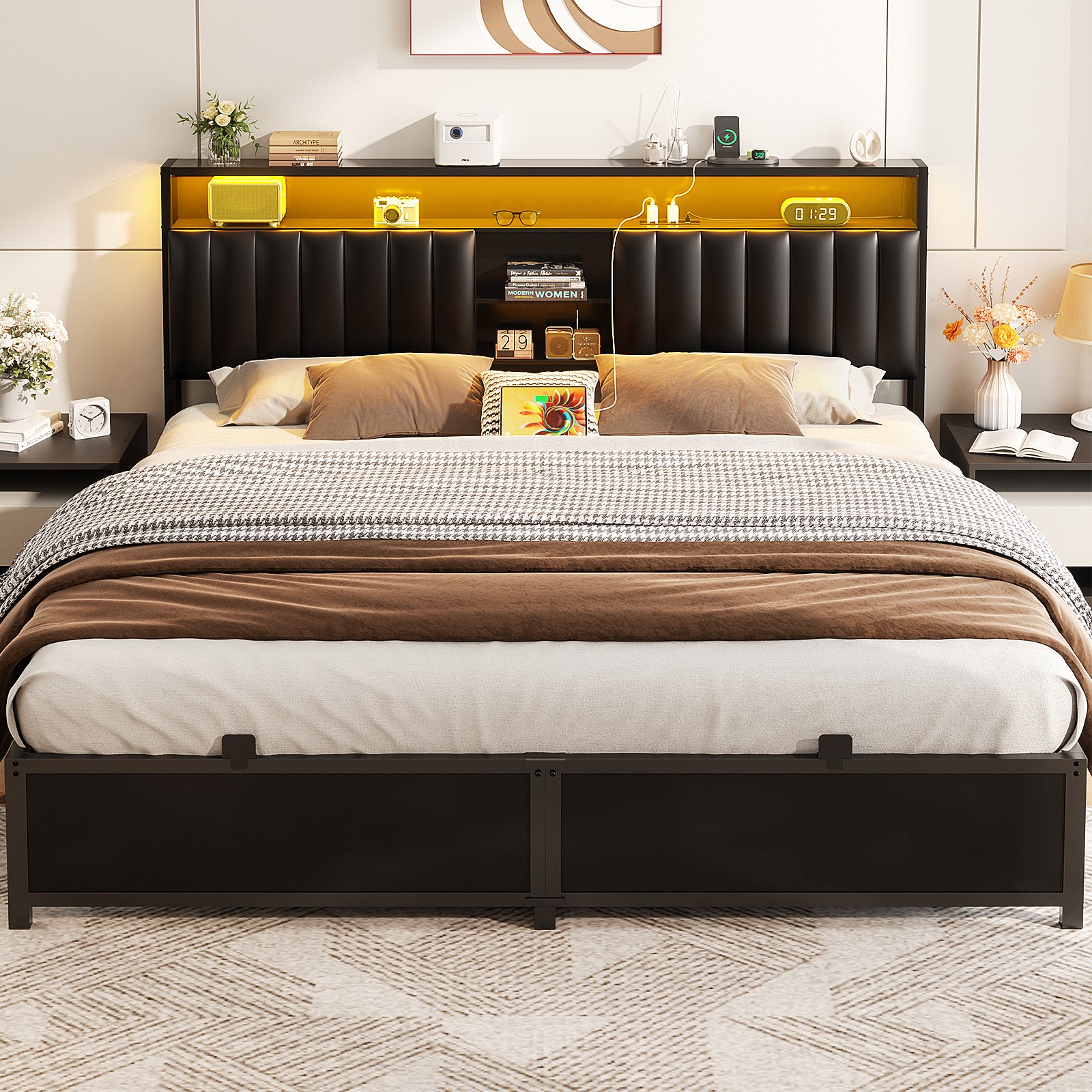 King/Queen/Full Size Bed Frame with Upholstered Storage Headboard ＆ LED ＆ Outlet