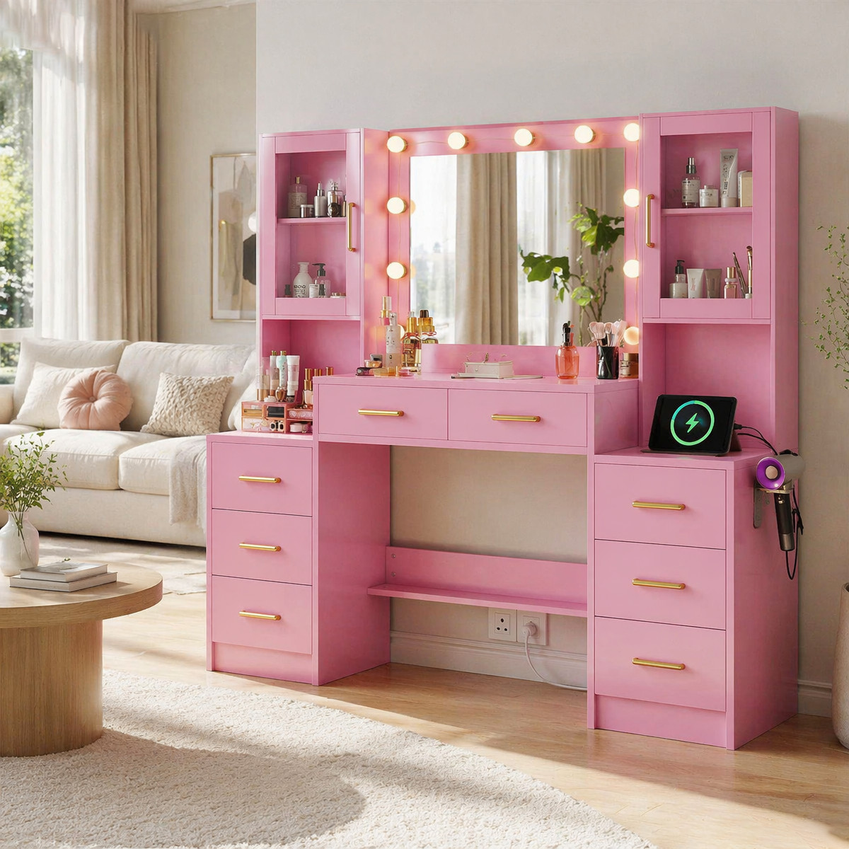 58.3″L 55.12″H Makeup Vanity Set w/8 Drawers, 2 Side Cabinets with Power Outlet