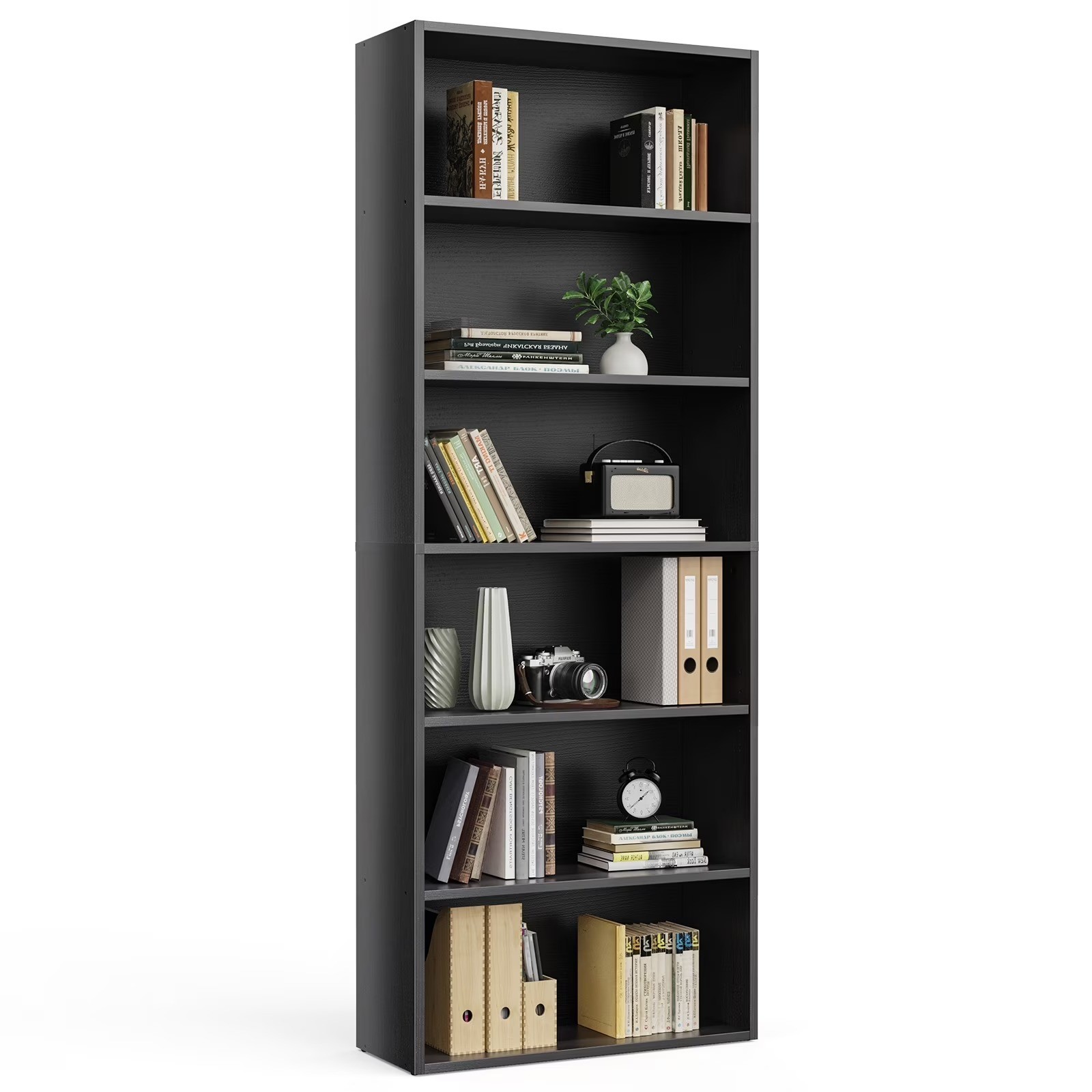 6-Tier Bookcase 63in Adjustable Shelves Anti-Tip Floor Standing Black Wood