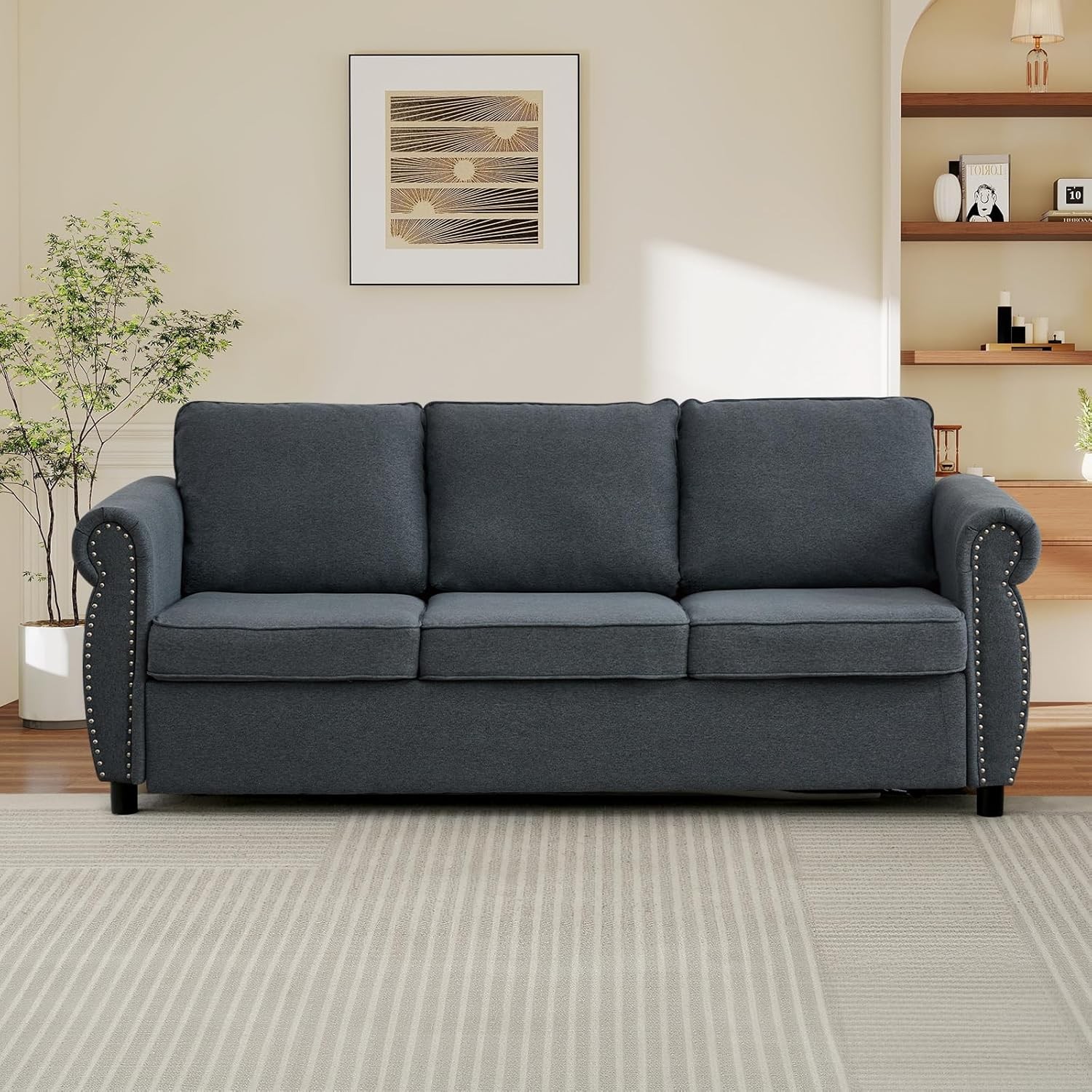 79.5″ Full Size Convertible Pull Out Sofa Bed Upholstered Couch w/ Nailhead Trim