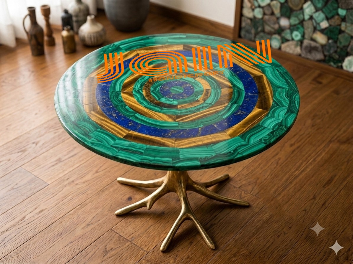 30″ Black Marble Table Top Coffee Inlay Green Malachite Blue Lapis Tiger Eye Art
