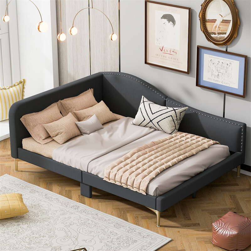Full Size Upholstered Daybed w/Headboard & Armrest Linen Sofa Bed Frames,Grey