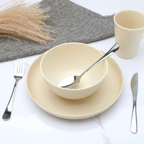 36pcs Reusable Wheat Straw Dinnerware Sets,Unbreakable Dinnerware Cups Plates