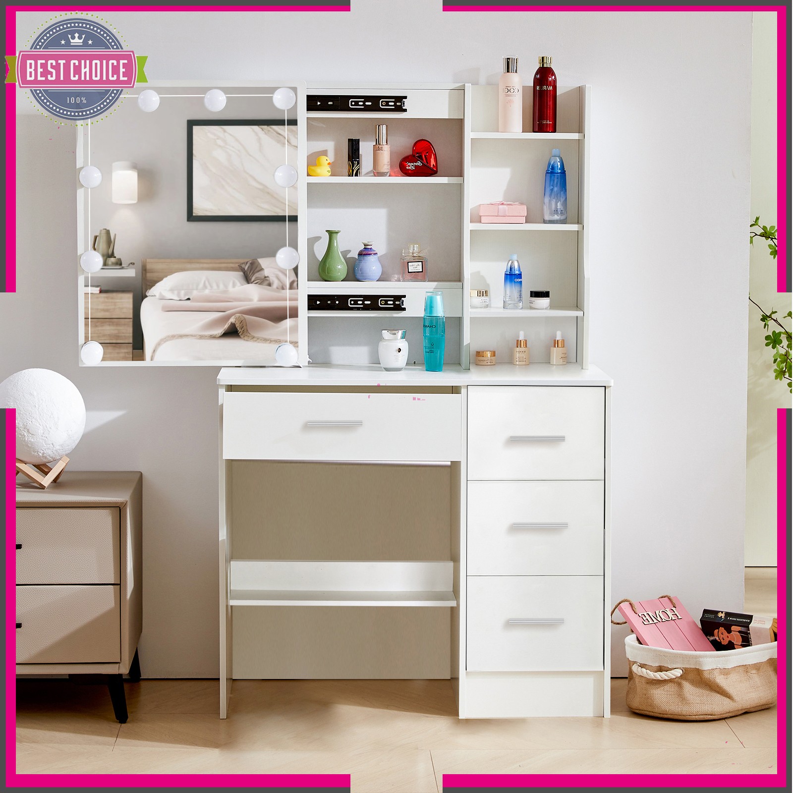 Vanity Desk with Lighted Mirror & 4 Drawer Makeup Vanity Table with 10 LED Bulb