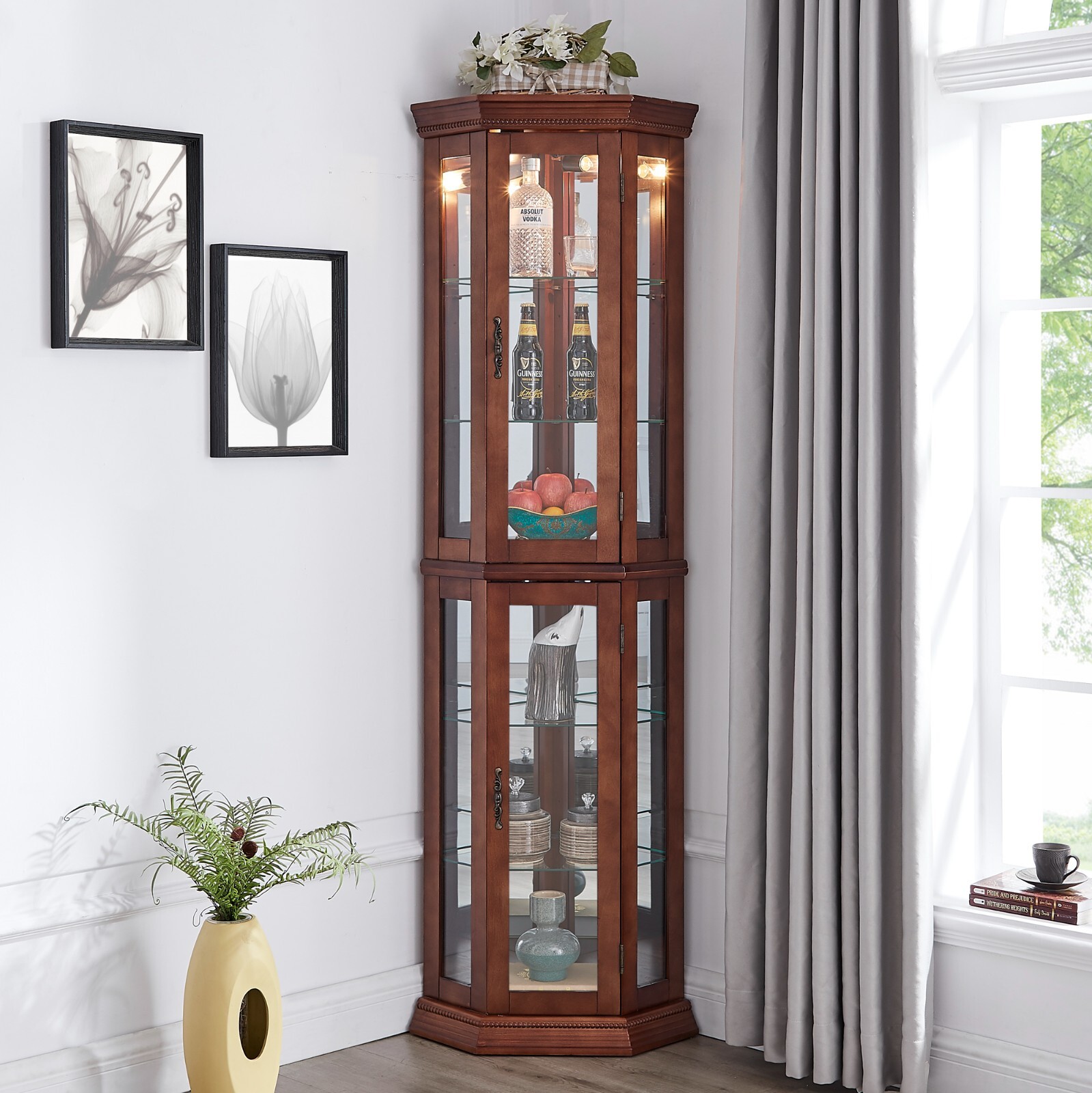 Glass Cabinet Lighted Corner Cabinet Display Curio Mirror Back Adjustable Shelf