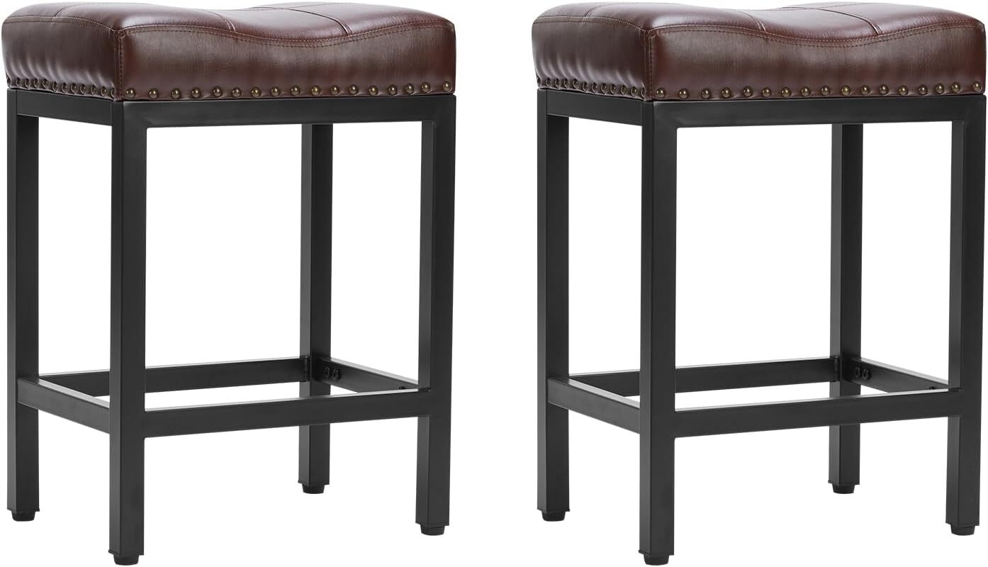 2 Pcs Bar Stools 24 inch Counter Height Stools Bar PU Leather Saddle Stool