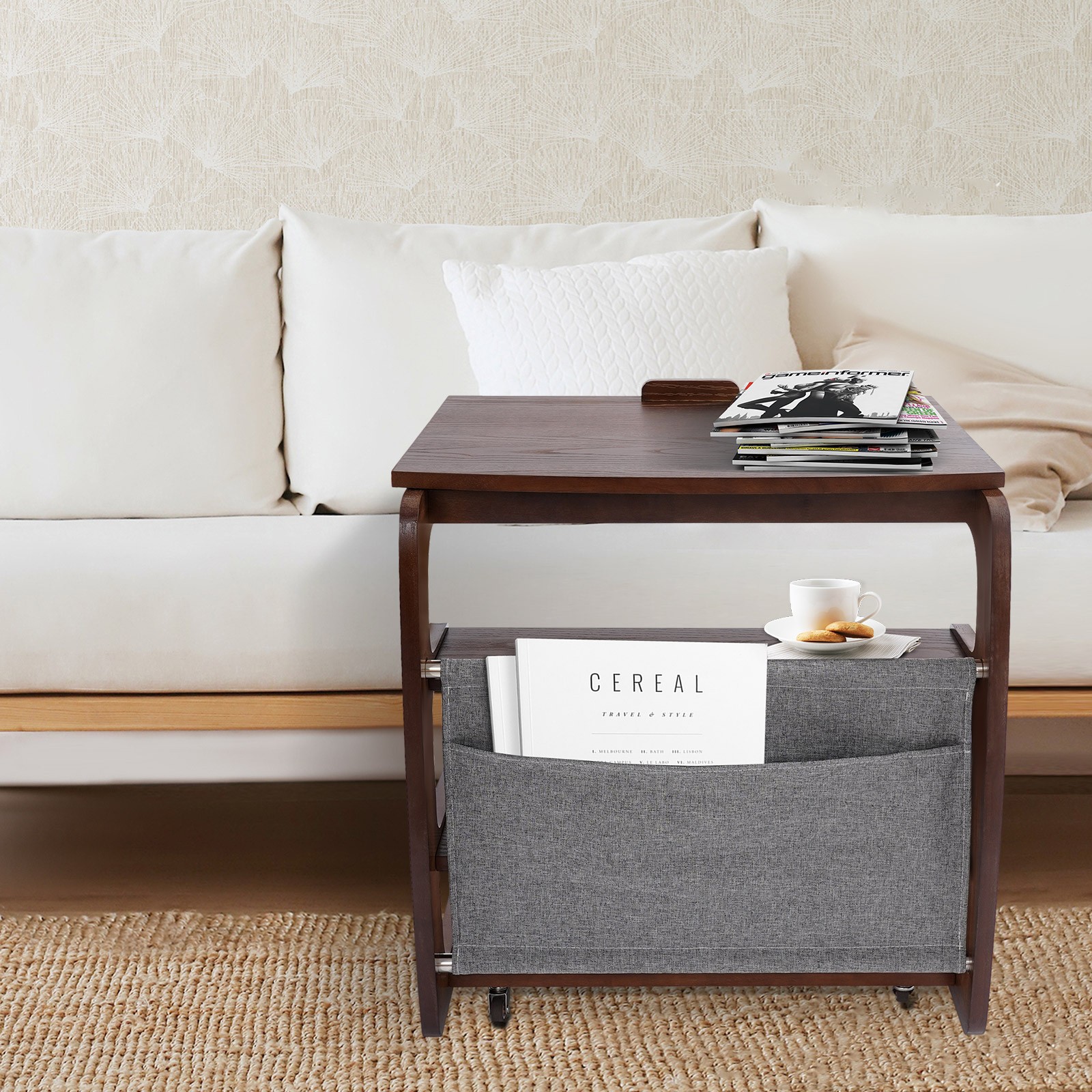 24.8 in 4-tier C-shaped Side Table, Rubberwood Side Table with Wheels Indoior