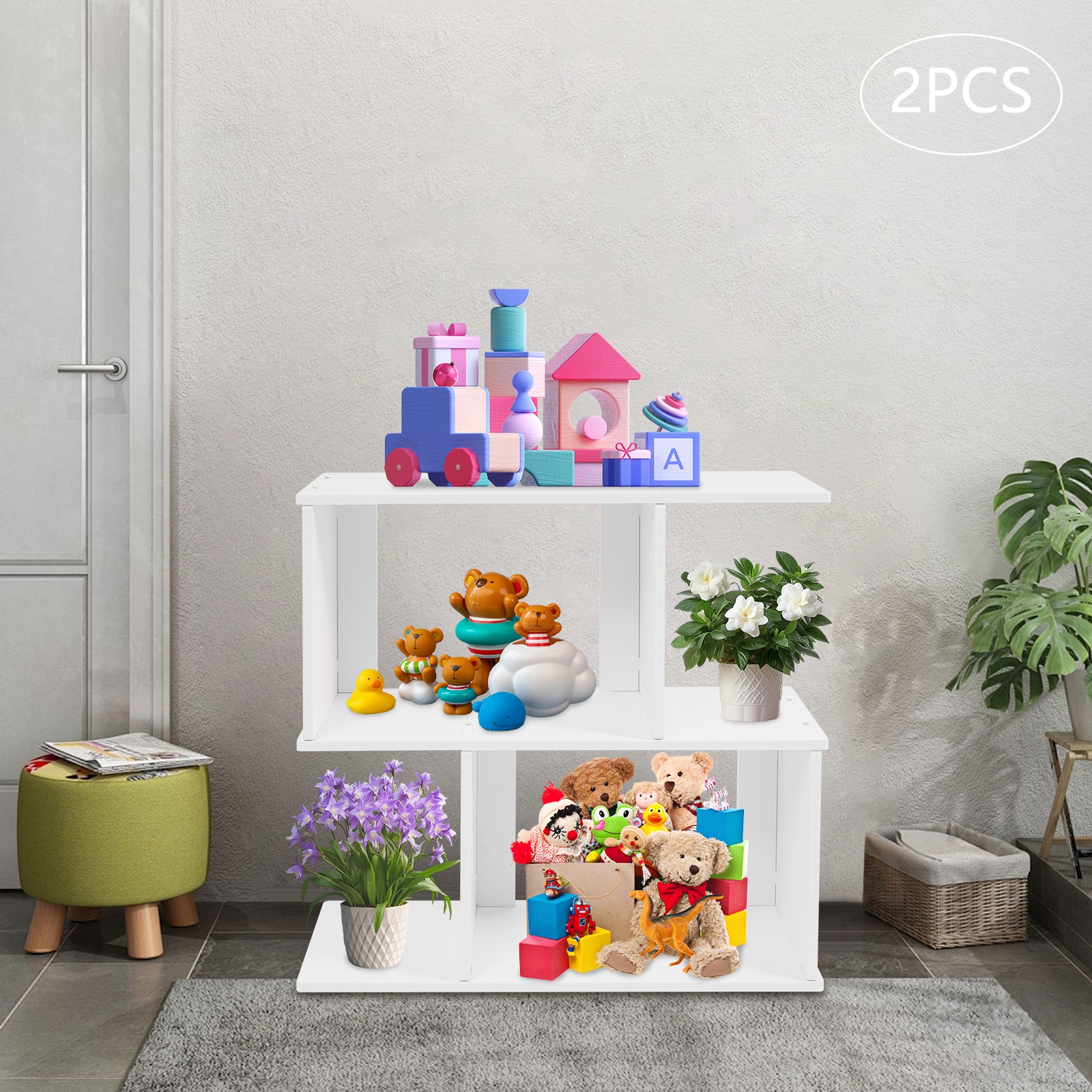 2 Tier Geometric Bookshelf, Freestanding Display Shelf, Z Shaped Open Bookcase