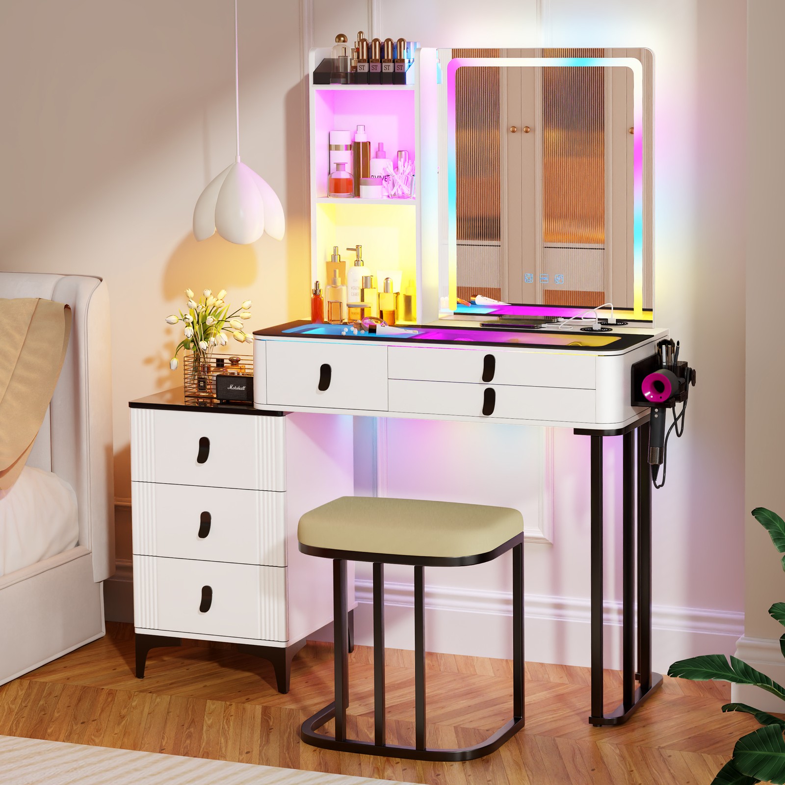 Vanity Desk with Wireless Charging Station,Vanity Table with Lights and Mirror