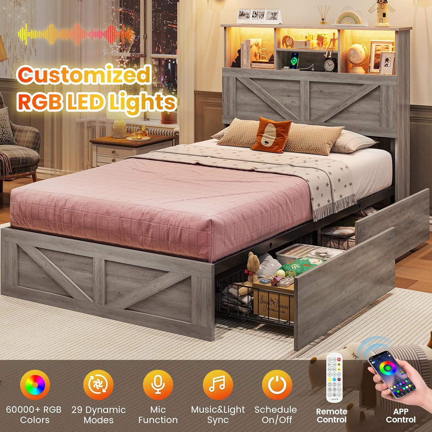 Farmhouse Bed Frame with Bookcase Storage Headboard & 4 Drawers. LED Wooden Bed