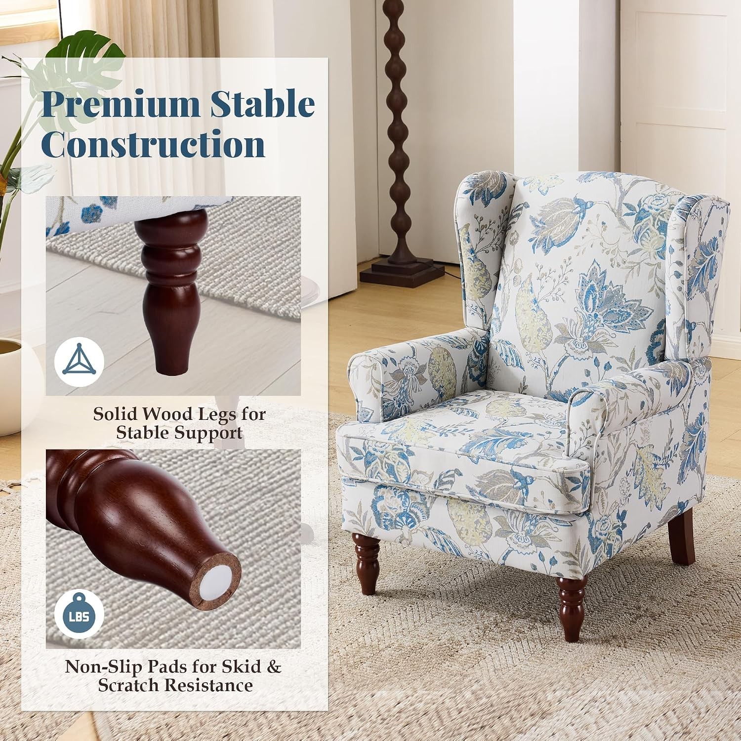 Floral Accent Chair, Comfortable High Back Upholstered Armchair with Solid Wood