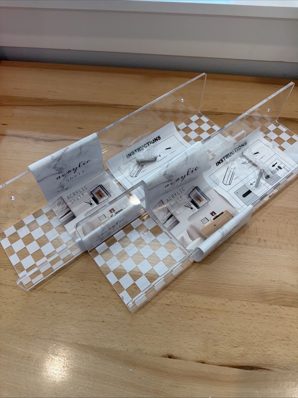 NEW Set Of 2 Clear White Checkered Acrylic Display Shelf Approx L16”xH3 1/2”xW4”