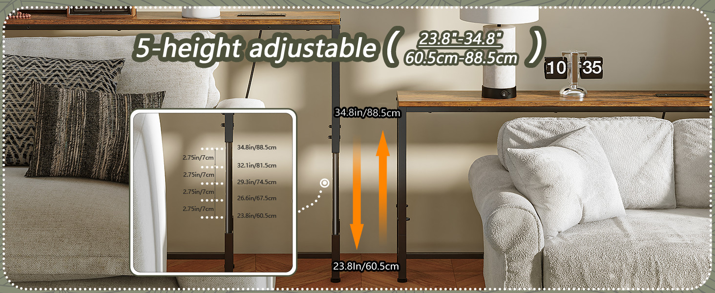 110.2″ Behind Couch Table Adjustable Height 23.8~34.8″ with 2 Charging Stations,