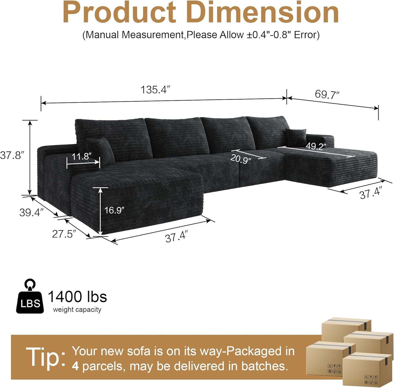 135″ Oversized U Shaped Modular Sectional Sofa Corduroy Deep Seat Couch