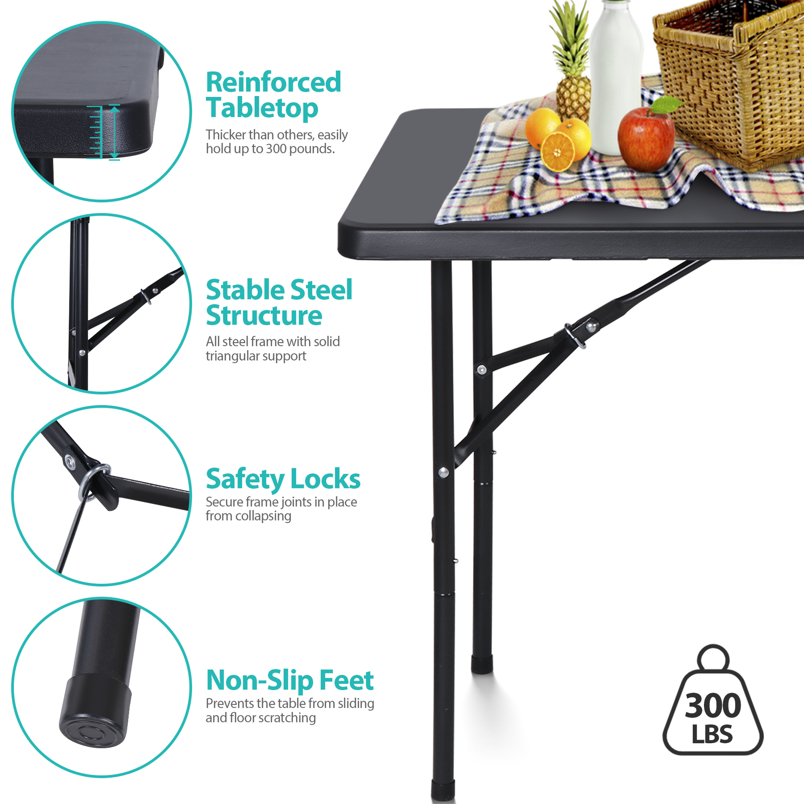 ZENY 48.4×24.2×28.9” Black Folding Outdoor Table Durable w/Carry Handle Camping