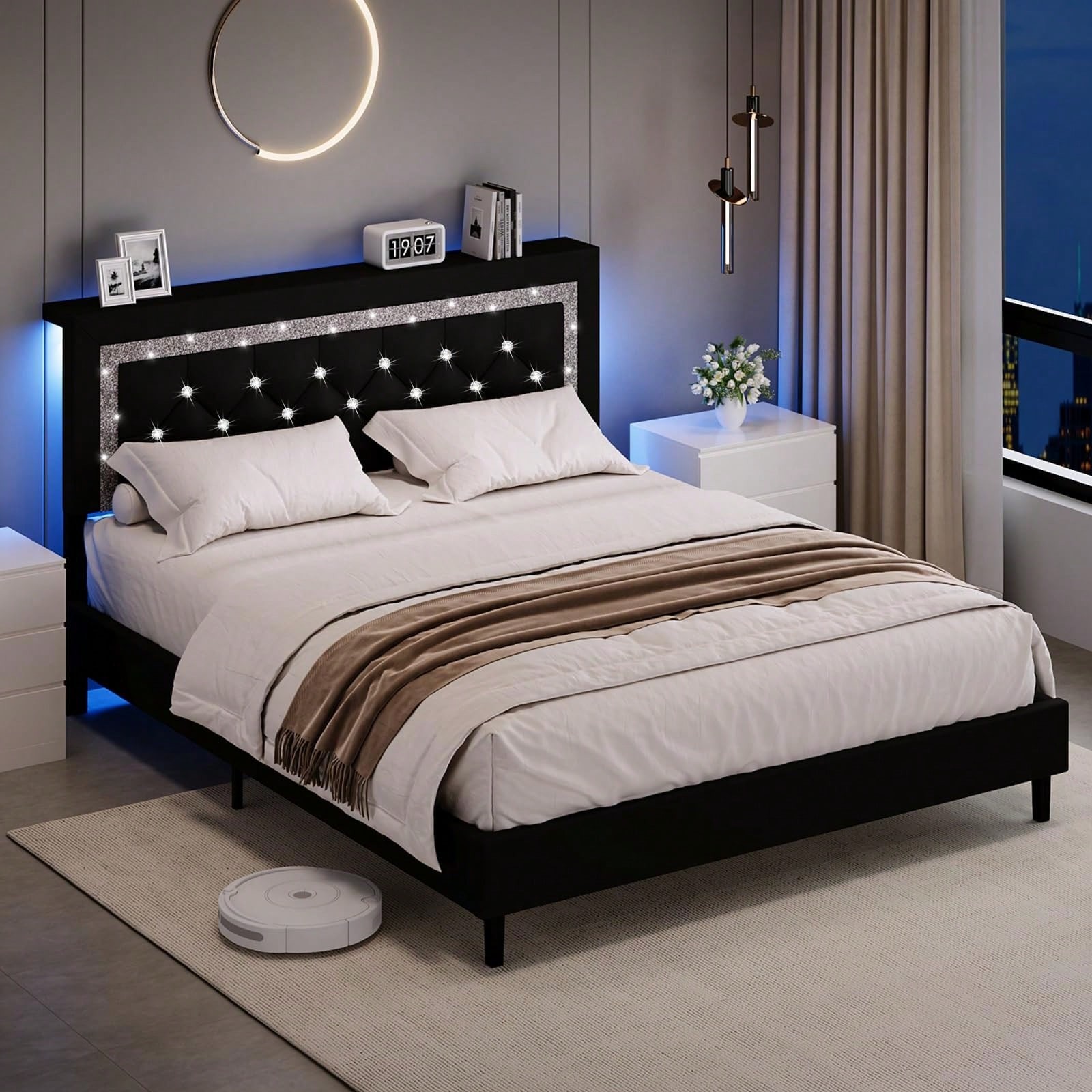 Black LED Bed Frame With Diamond Tufted Headboard Queen Full Twin King