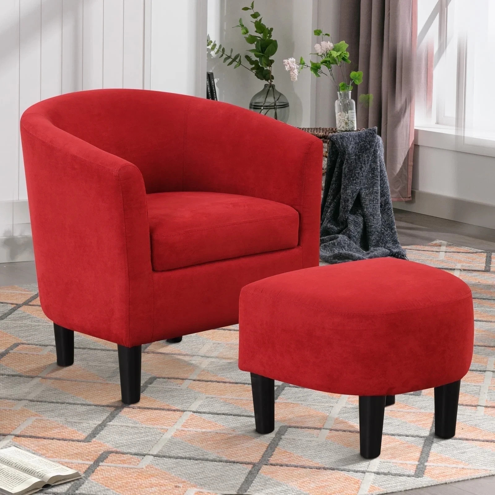 EBELLO Modern Accent Chair with Ottoman Red Upholstered Barrel Reading Chair