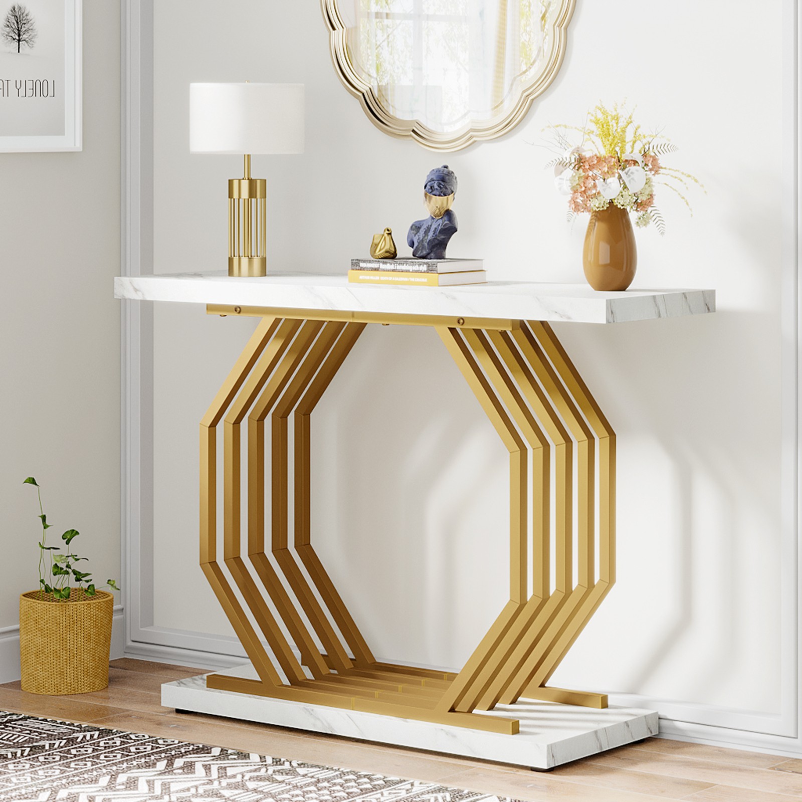 Gold Console Table, 40 Inch Faux Marble Narrow Entryway Table for Hallway, Foyer