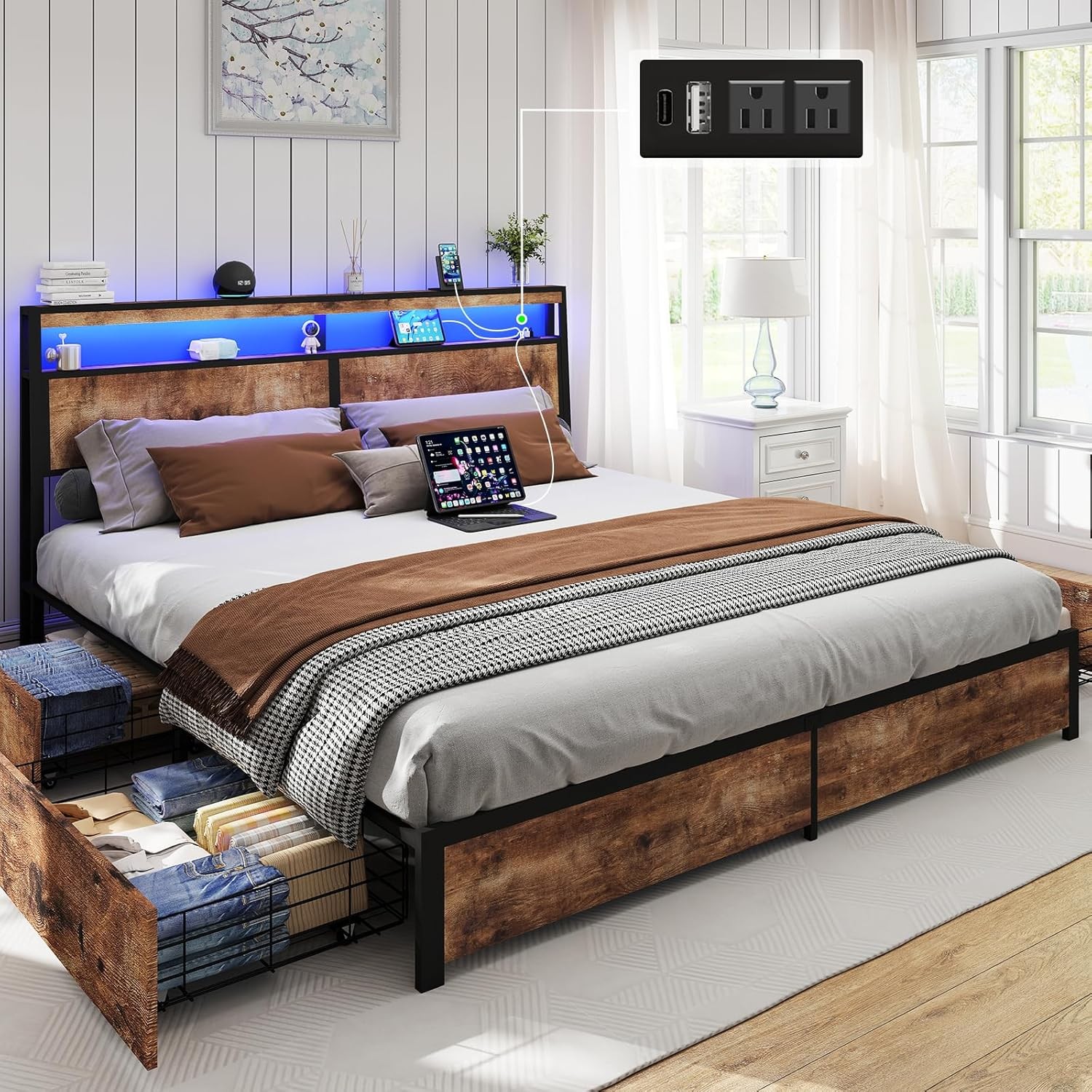 King Queen Full Size Storage Platform Bed Frame with LED Light, Charging Station