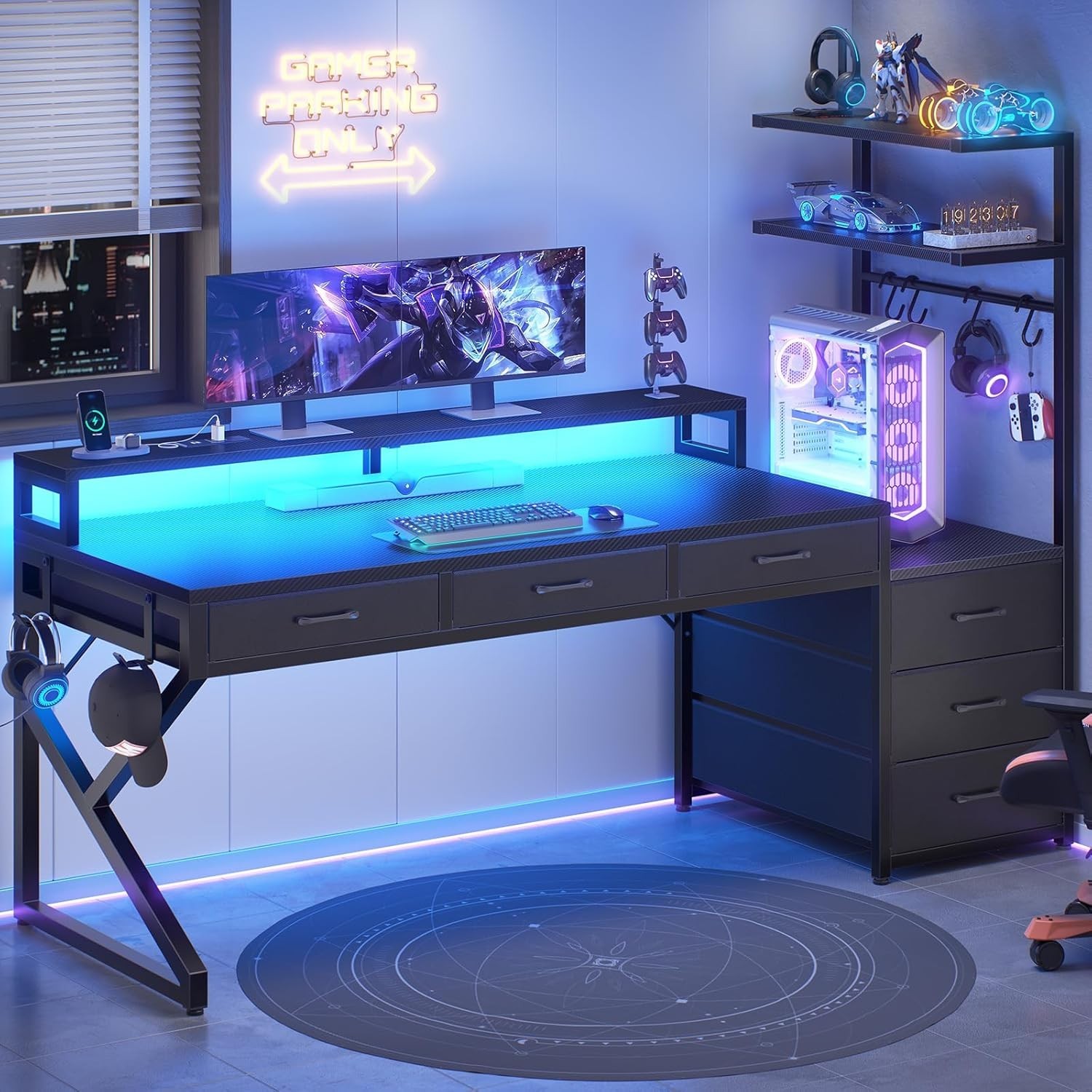 55″ Gaming Desk with 6 Drawers, Corner Computer Desk with Storage and LED Lights