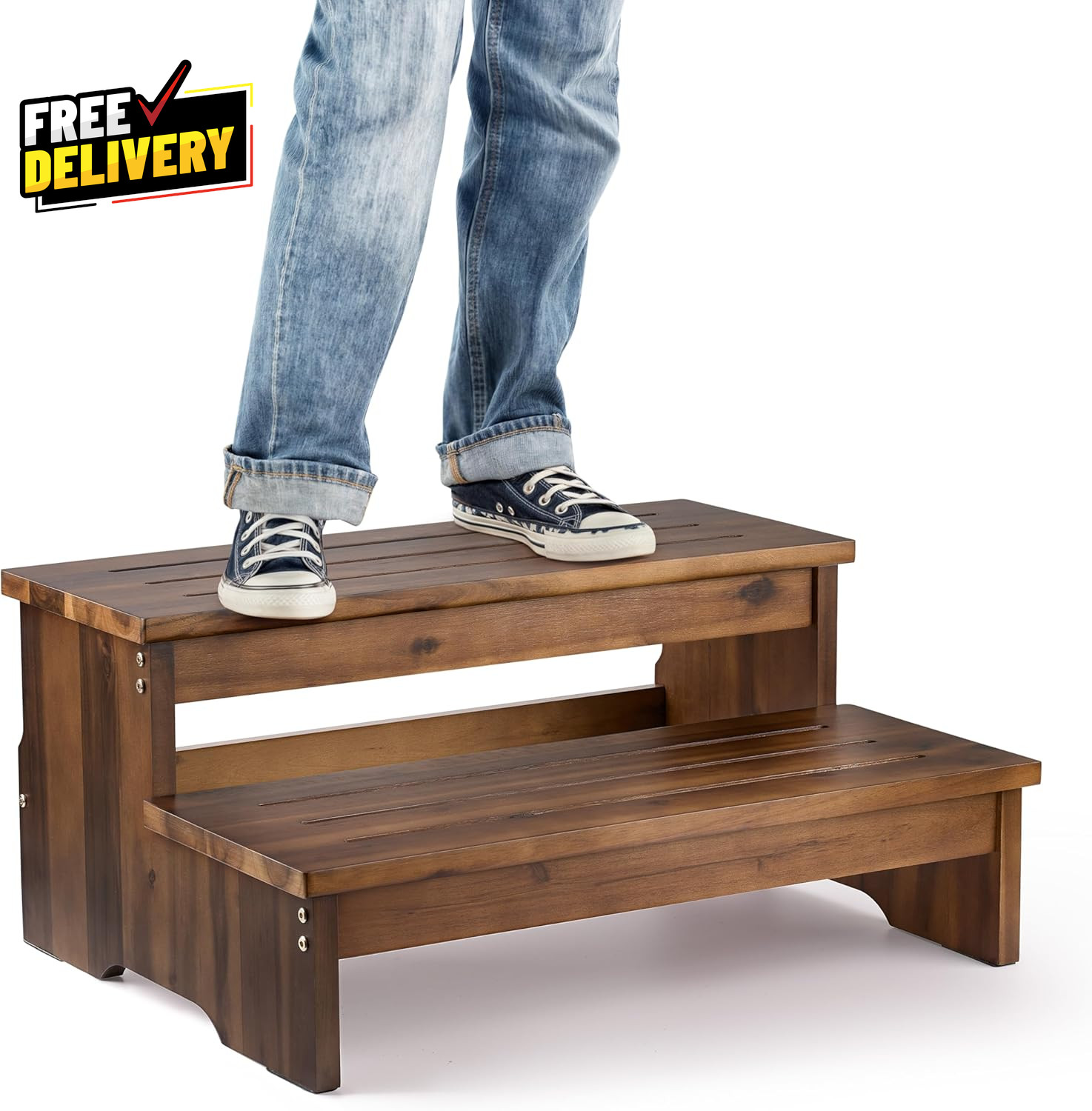 25 Acacia Bed Steps for High Beds for Adult 500LBS 2-Step Wood Step Stool……
