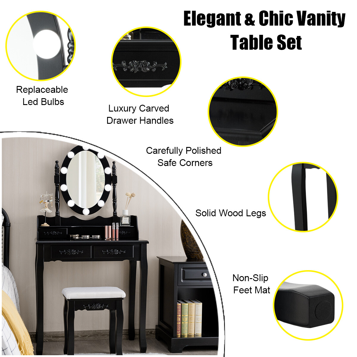 Topbuy Make-Up Vanity Table Dresser Set w/LED Light, Black Brown White