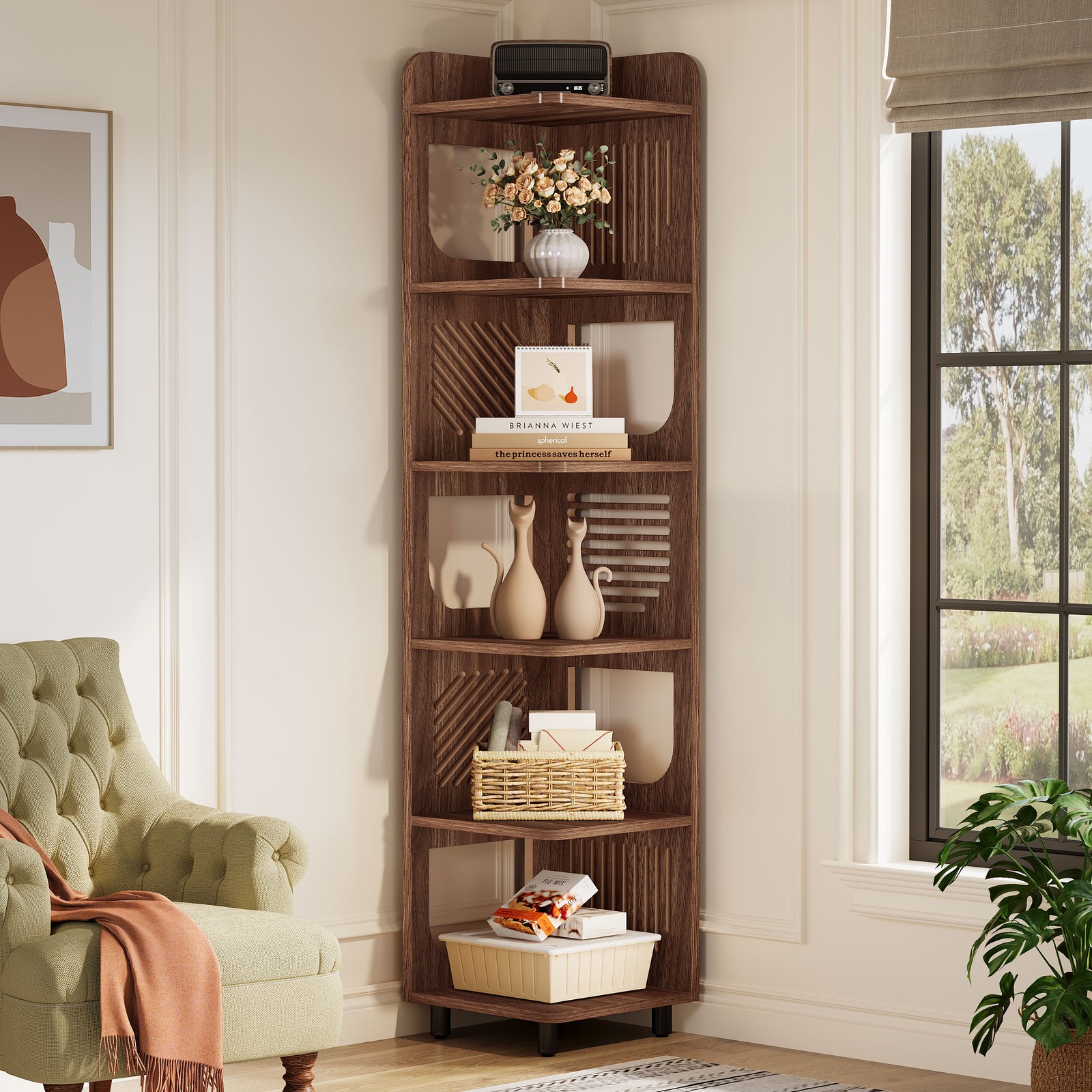 6-Tier Corner Bookshelf, 71” Tall Narrow Display Corner Shelf for Living Room